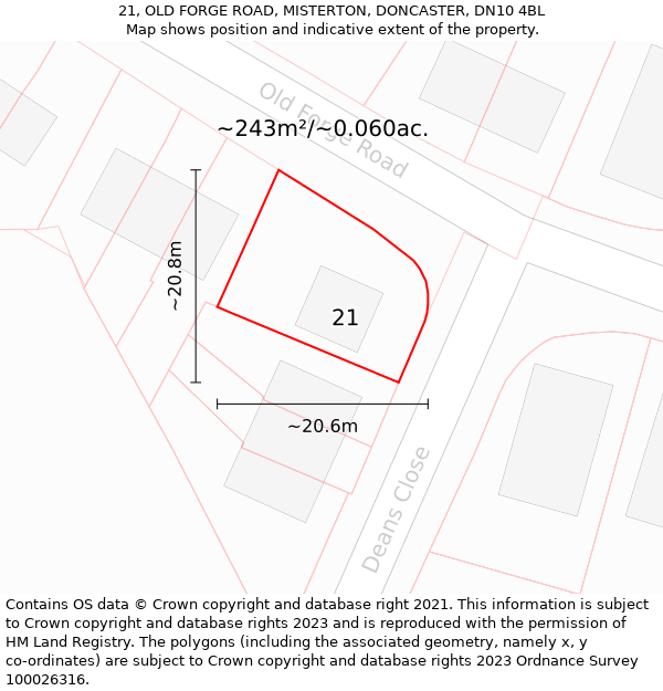 21, OLD FORGE ROAD, MISTERTON, DONCASTER, DN10 4BL: Plot and title map