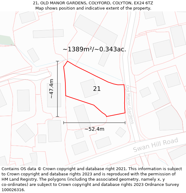 21, OLD MANOR GARDENS, COLYFORD, COLYTON, EX24 6TZ: Plot and title map