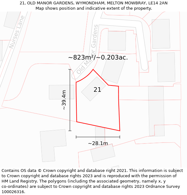 21, OLD MANOR GARDENS, WYMONDHAM, MELTON MOWBRAY, LE14 2AN: Plot and title map