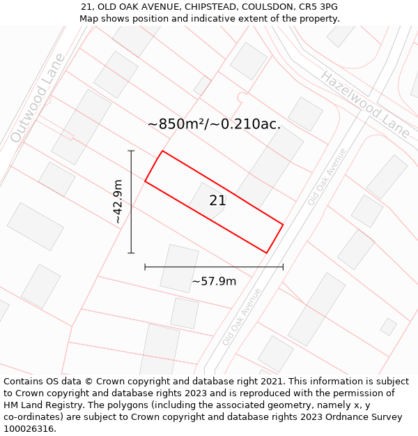 21, OLD OAK AVENUE, CHIPSTEAD, COULSDON, CR5 3PG: Plot and title map