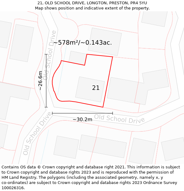 21, OLD SCHOOL DRIVE, LONGTON, PRESTON, PR4 5YU: Plot and title map