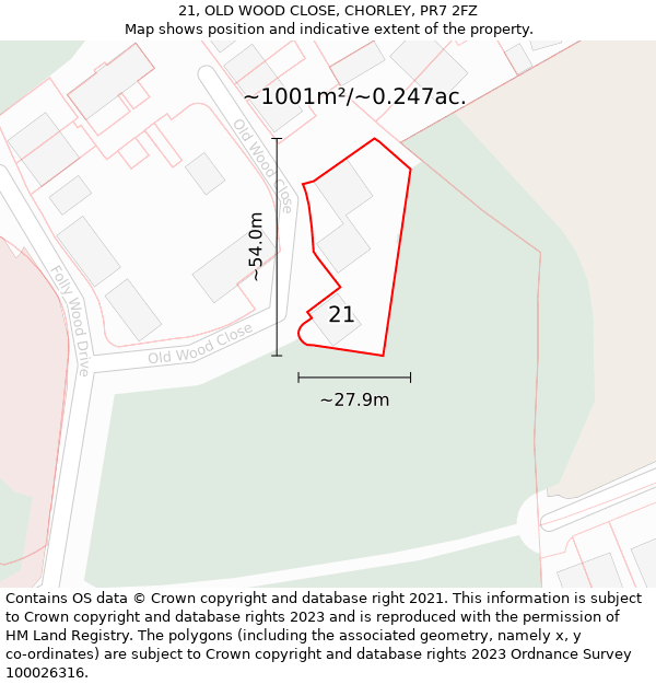 21, OLD WOOD CLOSE, CHORLEY, PR7 2FZ: Plot and title map