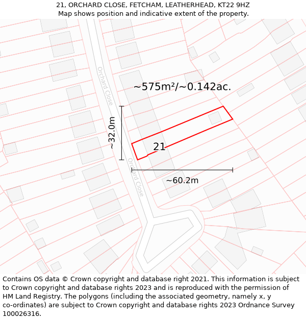21, ORCHARD CLOSE, FETCHAM, LEATHERHEAD, KT22 9HZ: Plot and title map