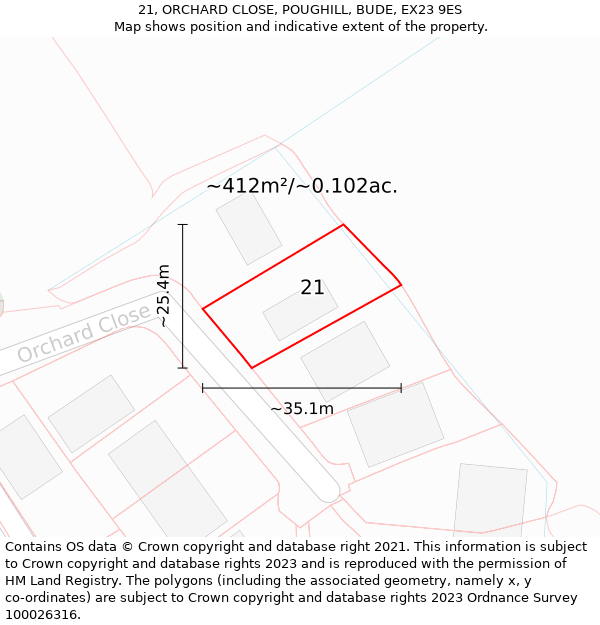 21, ORCHARD CLOSE, POUGHILL, BUDE, EX23 9ES: Plot and title map