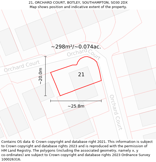 21, ORCHARD COURT, BOTLEY, SOUTHAMPTON, SO30 2DX: Plot and title map