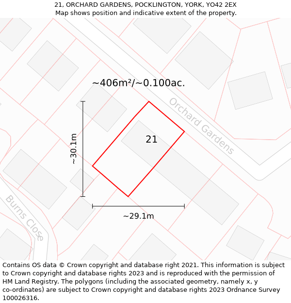 21, ORCHARD GARDENS, POCKLINGTON, YORK, YO42 2EX: Plot and title map