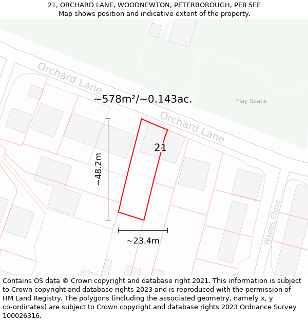 21, ORCHARD LANE, WOODNEWTON, PETERBOROUGH, PE8 5EE: Plot and title map