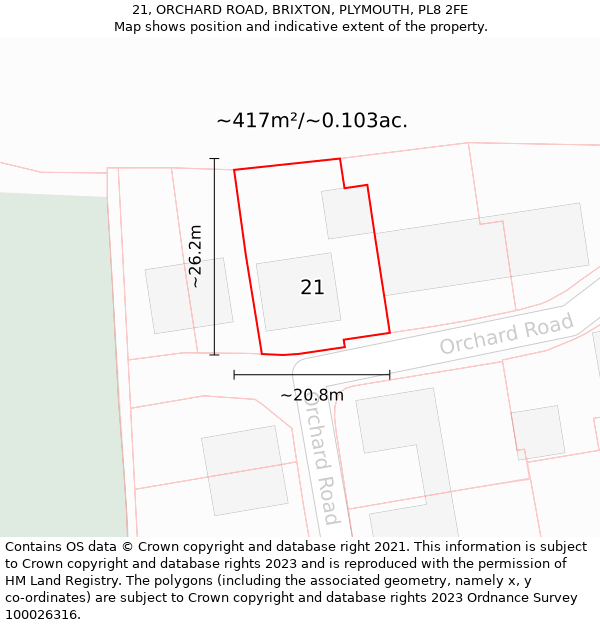 21, ORCHARD ROAD, BRIXTON, PLYMOUTH, PL8 2FE: Plot and title map