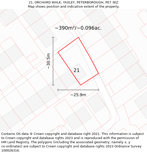 21, ORCHARD WALK, YAXLEY, PETERBOROUGH, PE7 3EZ: Plot and title map