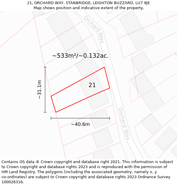 21, ORCHARD WAY, STANBRIDGE, LEIGHTON BUZZARD, LU7 9JE: Plot and title map