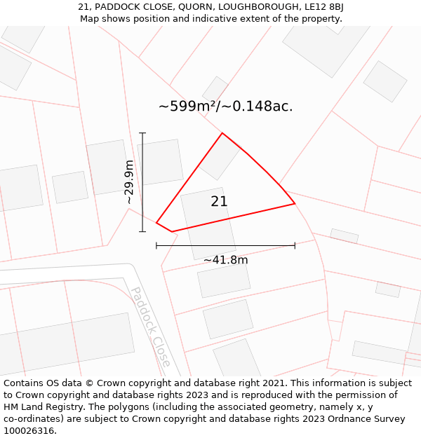 21, PADDOCK CLOSE, QUORN, LOUGHBOROUGH, LE12 8BJ: Plot and title map