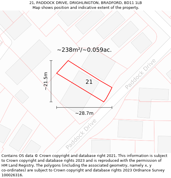 21, PADDOCK DRIVE, DRIGHLINGTON, BRADFORD, BD11 1LB: Plot and title map