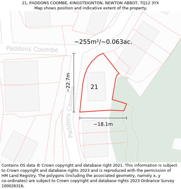 21, PADDONS COOMBE, KINGSTEIGNTON, NEWTON ABBOT, TQ12 3YX: Plot and title map