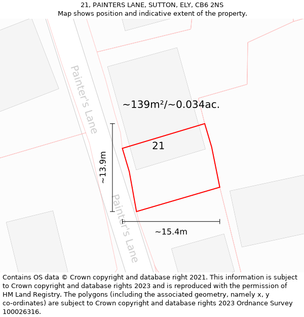 21, PAINTERS LANE, SUTTON, ELY, CB6 2NS: Plot and title map