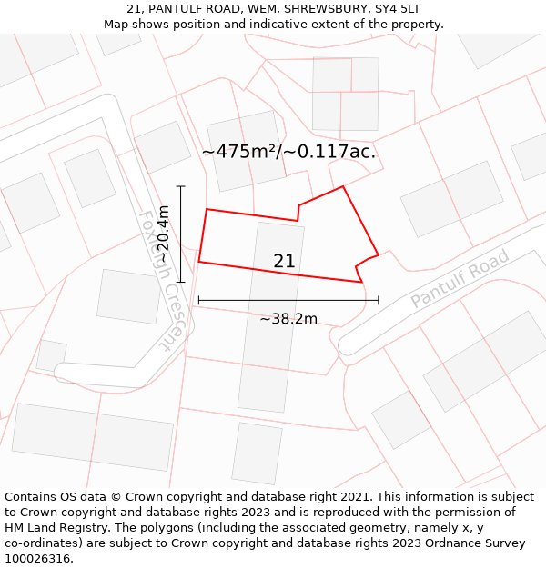 21, PANTULF ROAD, WEM, SHREWSBURY, SY4 5LT: Plot and title map