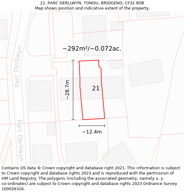 21, PARC DERLLWYN, TONDU, BRIDGEND, CF32 9DB: Plot and title map