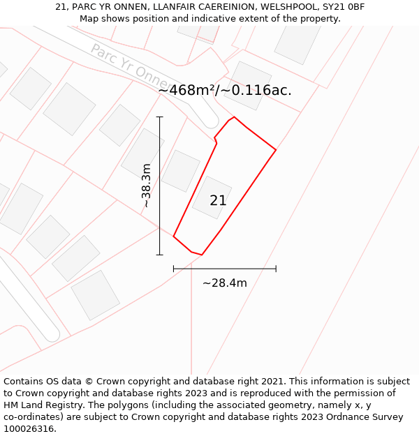 21, PARC YR ONNEN, LLANFAIR CAEREINION, WELSHPOOL, SY21 0BF: Plot and title map