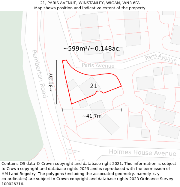 21, PARIS AVENUE, WINSTANLEY, WIGAN, WN3 6FA: Plot and title map