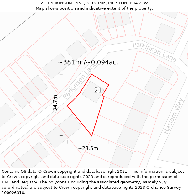 21, PARKINSON LANE, KIRKHAM, PRESTON, PR4 2EW: Plot and title map