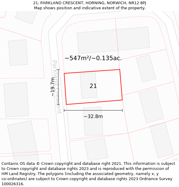 21, PARKLAND CRESCENT, HORNING, NORWICH, NR12 8PJ: Plot and title map