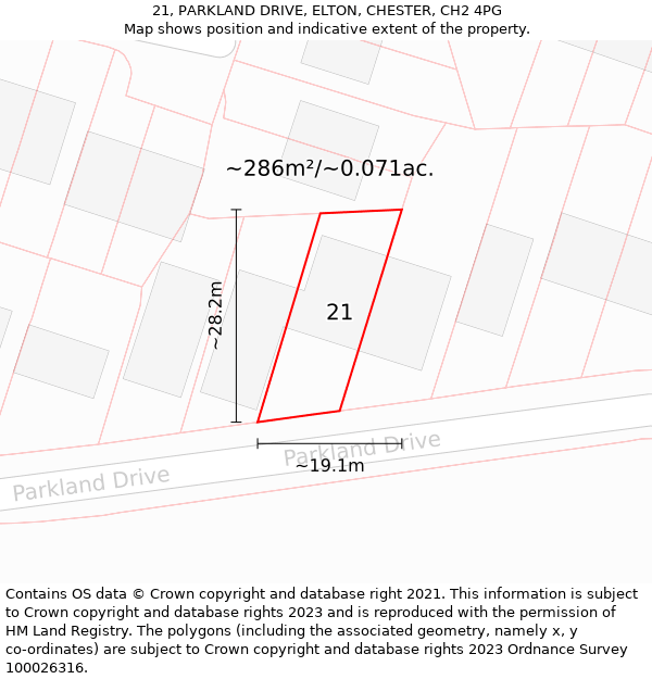 21, PARKLAND DRIVE, ELTON, CHESTER, CH2 4PG: Plot and title map