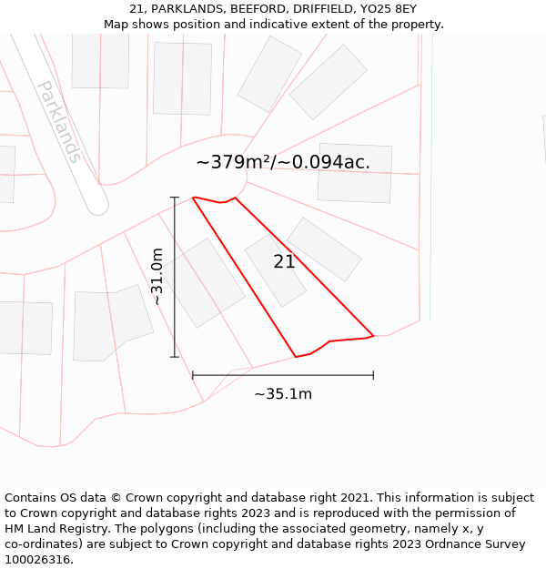 21, PARKLANDS, BEEFORD, DRIFFIELD, YO25 8EY: Plot and title map