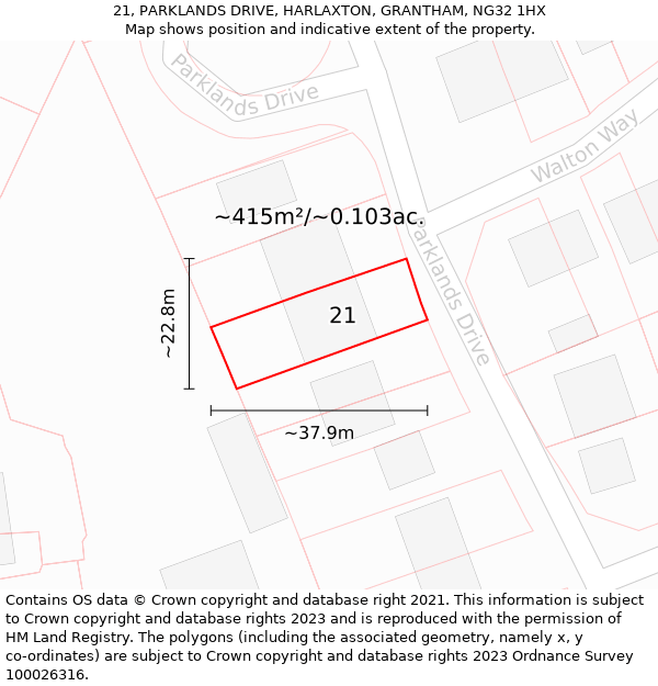 21, PARKLANDS DRIVE, HARLAXTON, GRANTHAM, NG32 1HX: Plot and title map