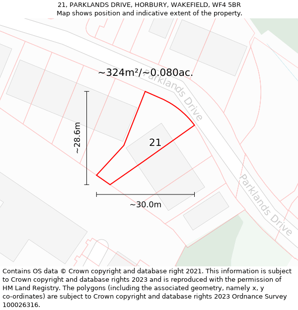 21, PARKLANDS DRIVE, HORBURY, WAKEFIELD, WF4 5BR: Plot and title map