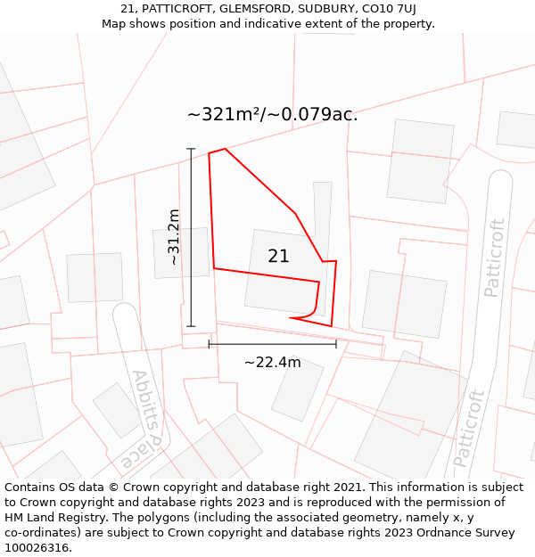 21, PATTICROFT, GLEMSFORD, SUDBURY, CO10 7UJ: Plot and title map