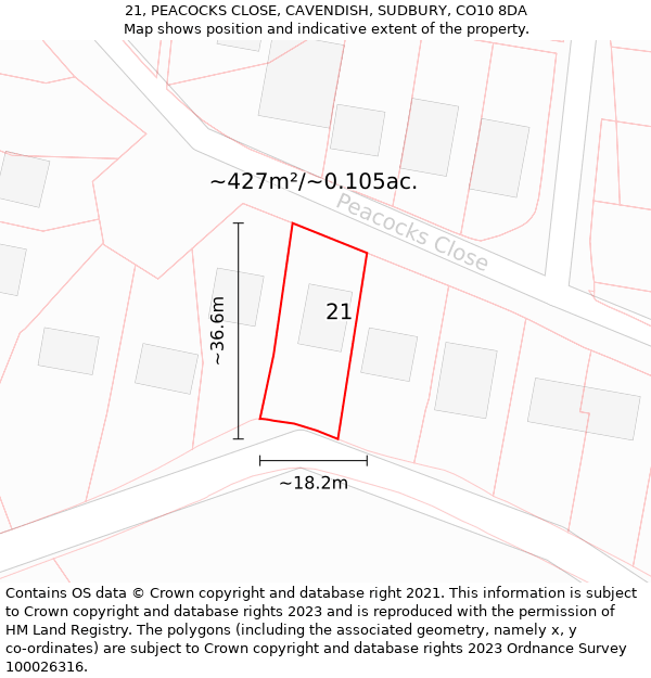 21, PEACOCKS CLOSE, CAVENDISH, SUDBURY, CO10 8DA: Plot and title map