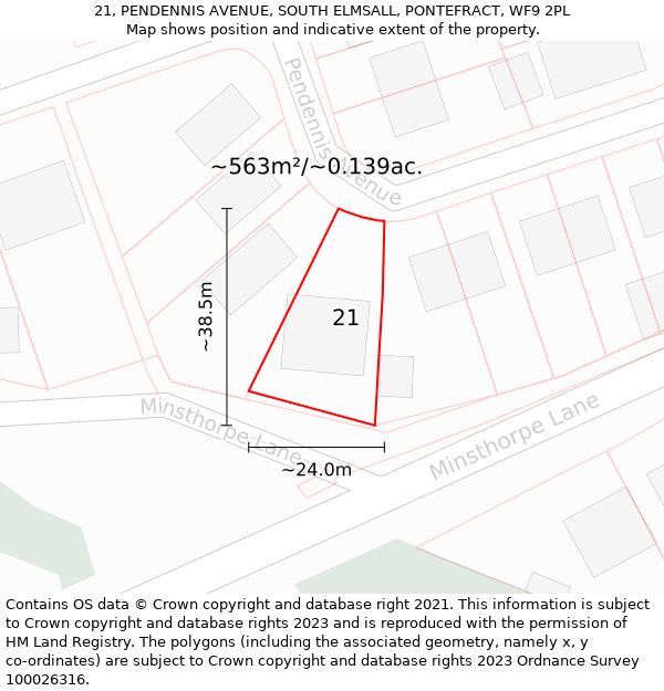 21, PENDENNIS AVENUE, SOUTH ELMSALL, PONTEFRACT, WF9 2PL: Plot and title map