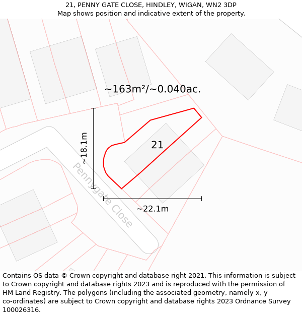 21, PENNY GATE CLOSE, HINDLEY, WIGAN, WN2 3DP: Plot and title map