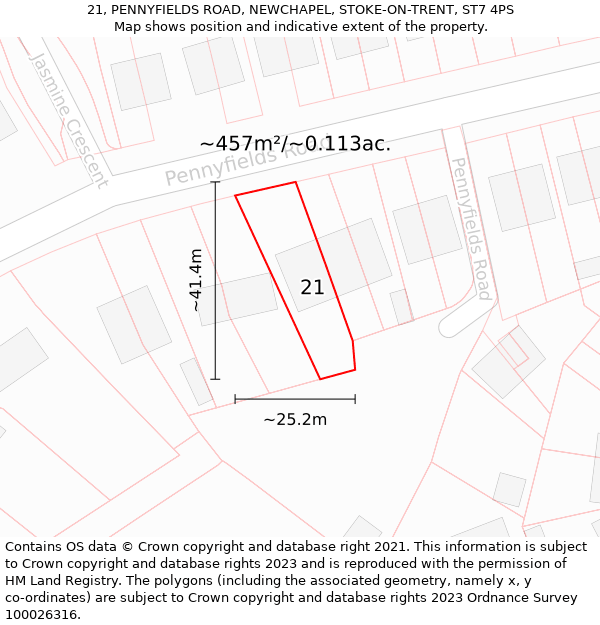 21, PENNYFIELDS ROAD, NEWCHAPEL, STOKE-ON-TRENT, ST7 4PS: Plot and title map