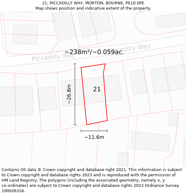 21, PICCADILLY WAY, MORTON, BOURNE, PE10 0PE: Plot and title map