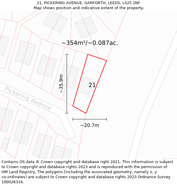 21, PICKERING AVENUE, GARFORTH, LEEDS, LS25 2NF: Plot and title map