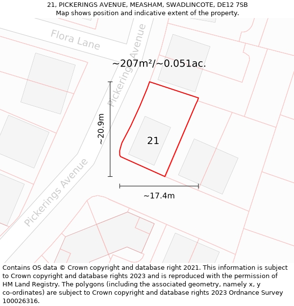 21, PICKERINGS AVENUE, MEASHAM, SWADLINCOTE, DE12 7SB: Plot and title map