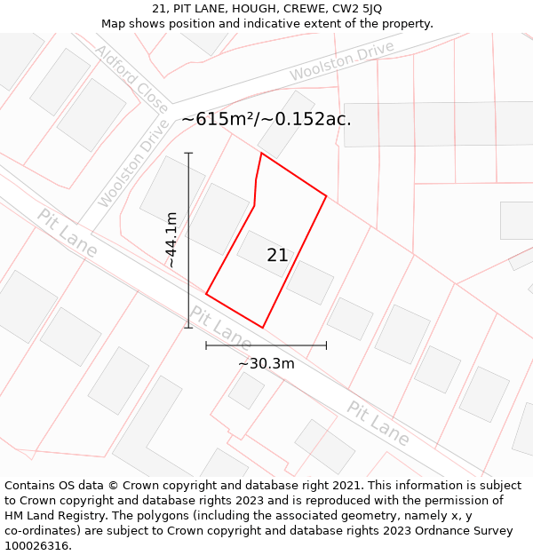 21, PIT LANE, HOUGH, CREWE, CW2 5JQ: Plot and title map