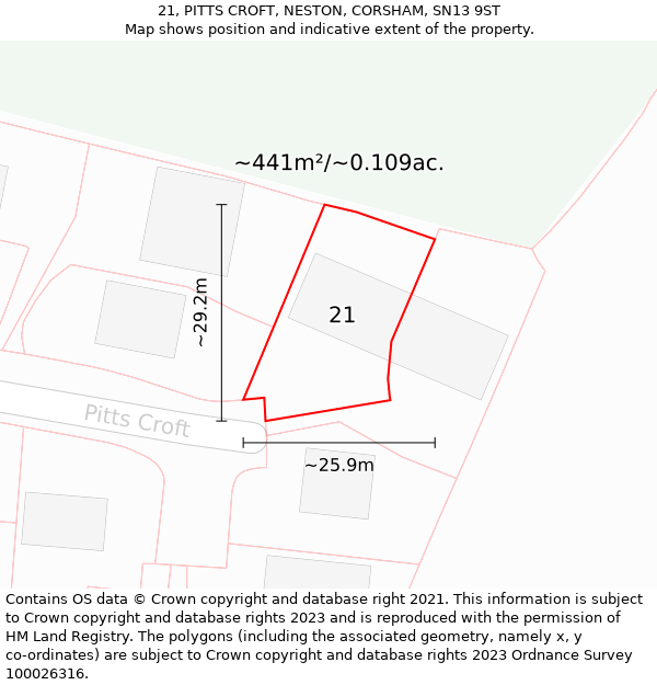 21, PITTS CROFT, NESTON, CORSHAM, SN13 9ST: Plot and title map