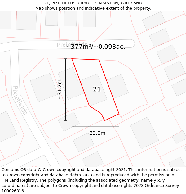 21, PIXIEFIELDS, CRADLEY, MALVERN, WR13 5ND: Plot and title map