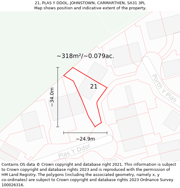 21, PLAS Y DDOL, JOHNSTOWN, CARMARTHEN, SA31 3PL: Plot and title map