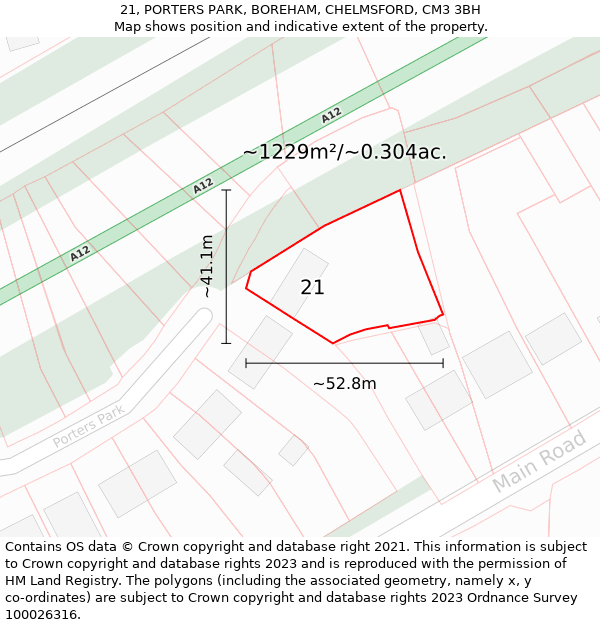 21, PORTERS PARK, BOREHAM, CHELMSFORD, CM3 3BH: Plot and title map