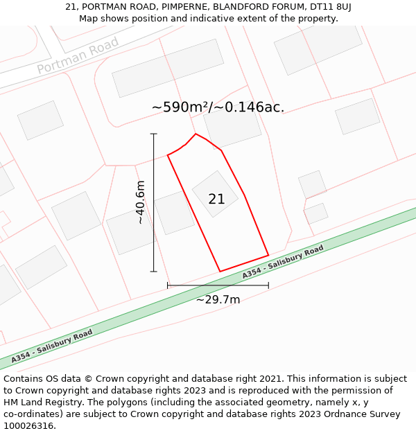 21, PORTMAN ROAD, PIMPERNE, BLANDFORD FORUM, DT11 8UJ: Plot and title map