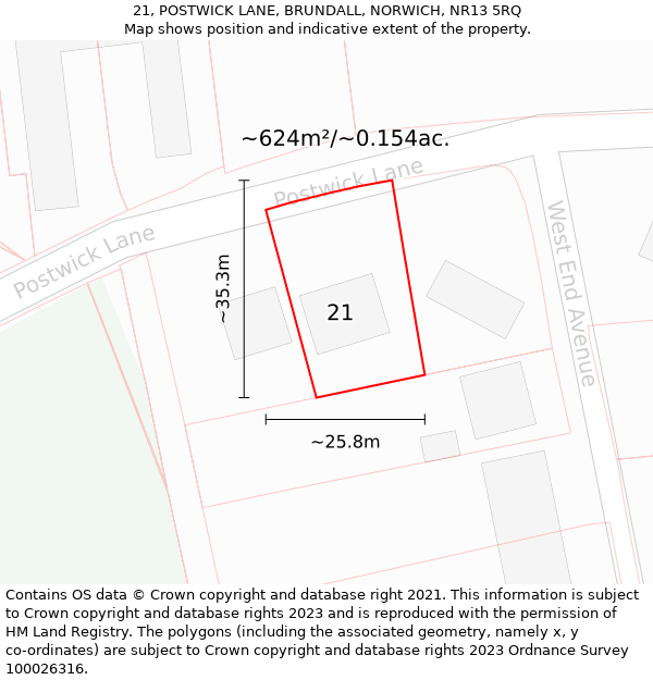 21, POSTWICK LANE, BRUNDALL, NORWICH, NR13 5RQ: Plot and title map