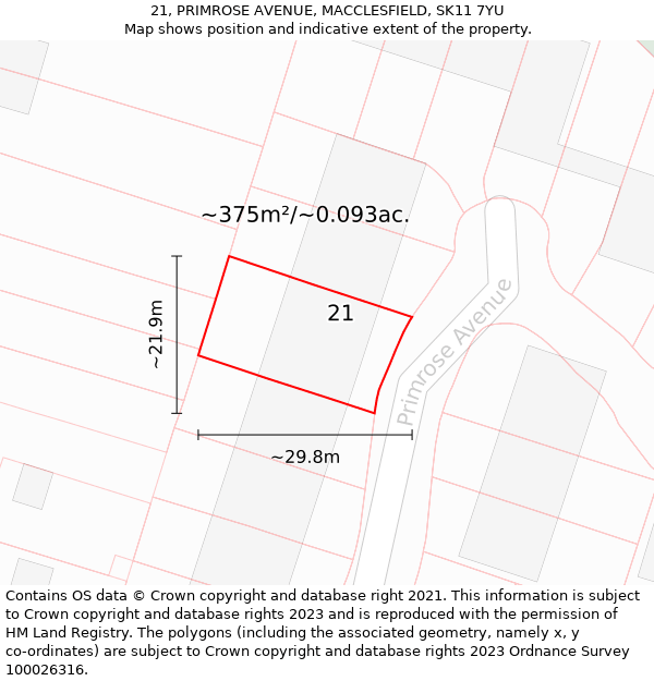 21, PRIMROSE AVENUE, MACCLESFIELD, SK11 7YU: Plot and title map