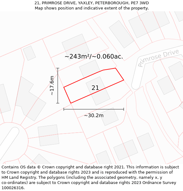 21, PRIMROSE DRIVE, YAXLEY, PETERBOROUGH, PE7 3WD: Plot and title map