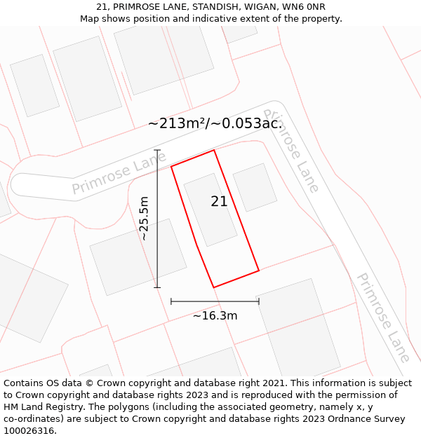 21, PRIMROSE LANE, STANDISH, WIGAN, WN6 0NR: Plot and title map