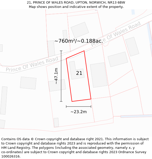 21, PRINCE OF WALES ROAD, UPTON, NORWICH, NR13 6BW: Plot and title map
