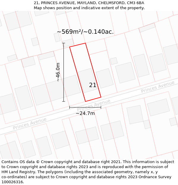 21, PRINCES AVENUE, MAYLAND, CHELMSFORD, CM3 6BA: Plot and title map