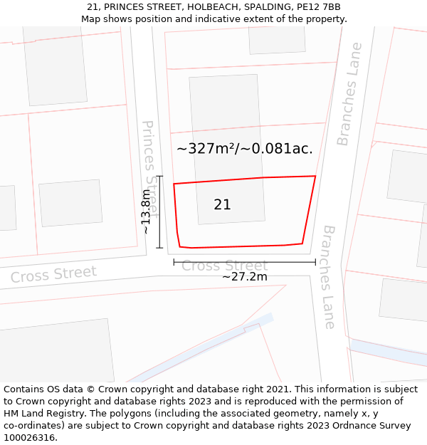 21, PRINCES STREET, HOLBEACH, SPALDING, PE12 7BB: Plot and title map