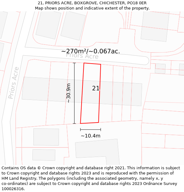 21, PRIORS ACRE, BOXGROVE, CHICHESTER, PO18 0ER: Plot and title map